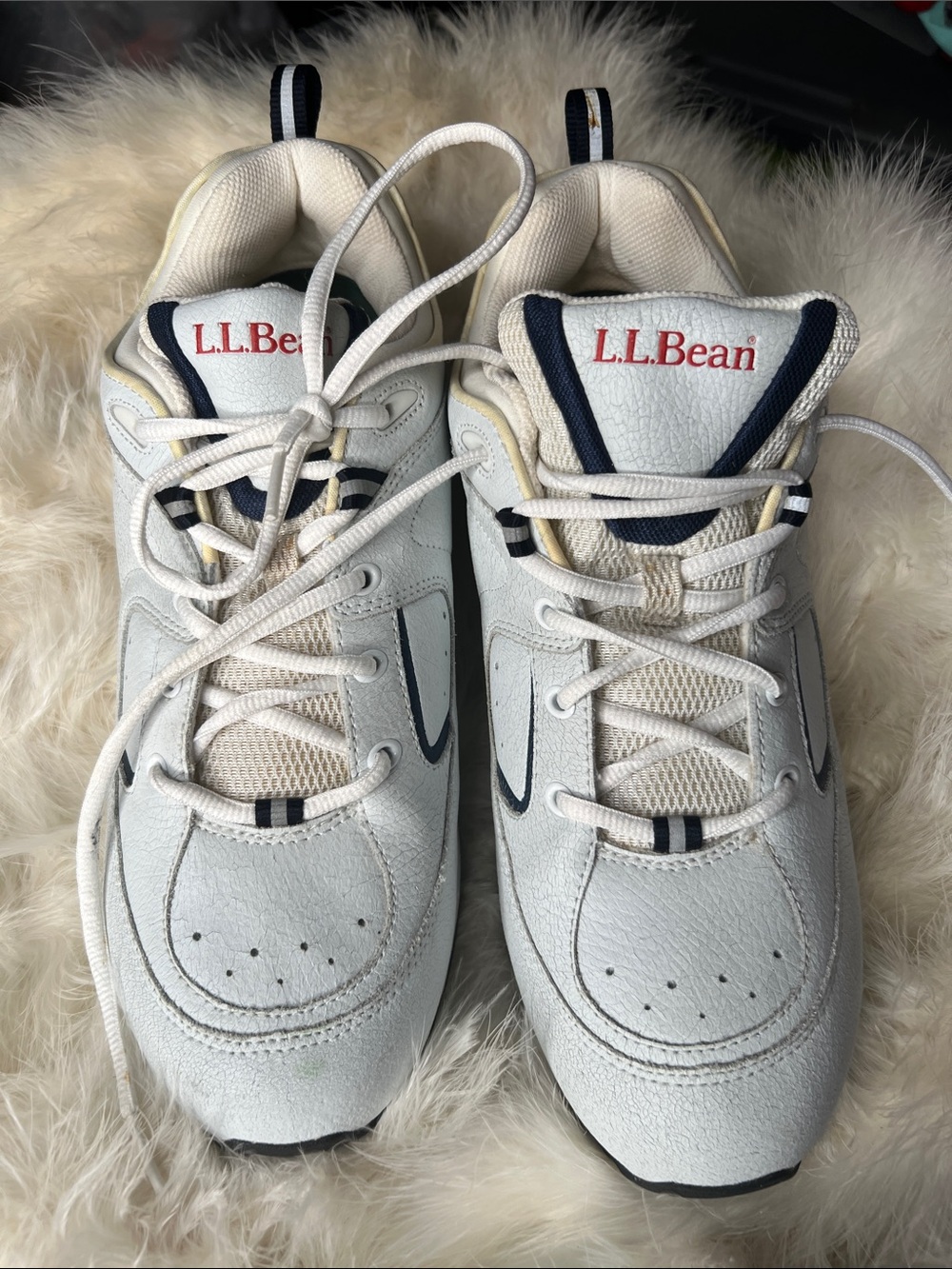 Men's L.L.Bean White Leather Sneakers Navy Accents Athletic Golf Shoes 12 Wide
